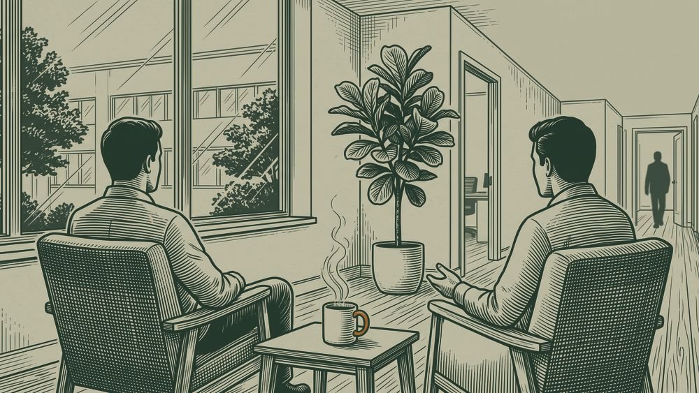 Dos personas conversando en una sala tranquila de la oficina, junto a una ventana