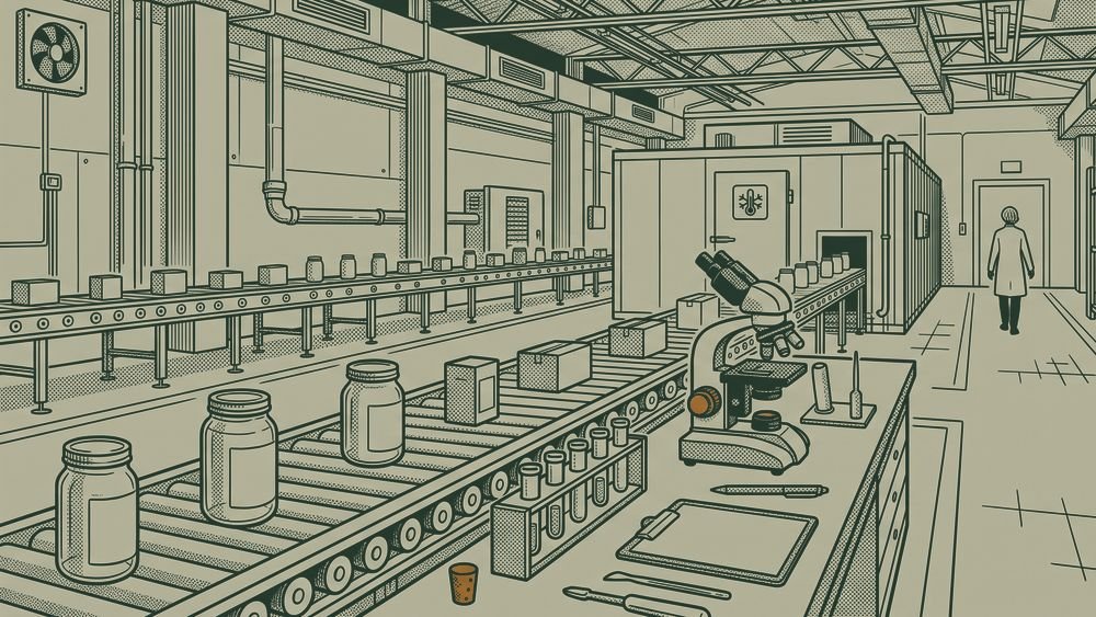 Línea de envasado de alimentos con mesa de control de calidad y microscopio